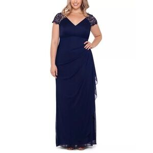 Xscape Navy Blue Lace Sleeve Maxi Dress